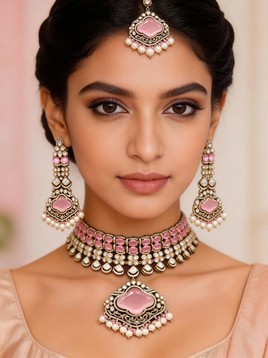 Pink Kundan Choker Necklace Set with Earrings and Maang Tikka
