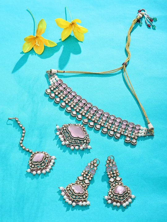 Pink Kundan Choker Necklace Set with Earrings and Maang Tikka