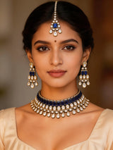 Polki and Blue Stone Brass Necklace Set with Maang Tikka