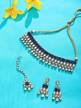 Polki and Blue Stone Brass Necklace Set with Maang Tikka