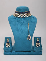 Polki and Blue Stone Brass Necklace Set with Maang Tikka