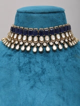Polki and Blue Stone Brass Necklace Set with Maang Tikka
