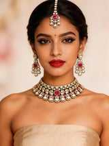 Ruby and Kundan Choker Necklace Set with Maang Tikka