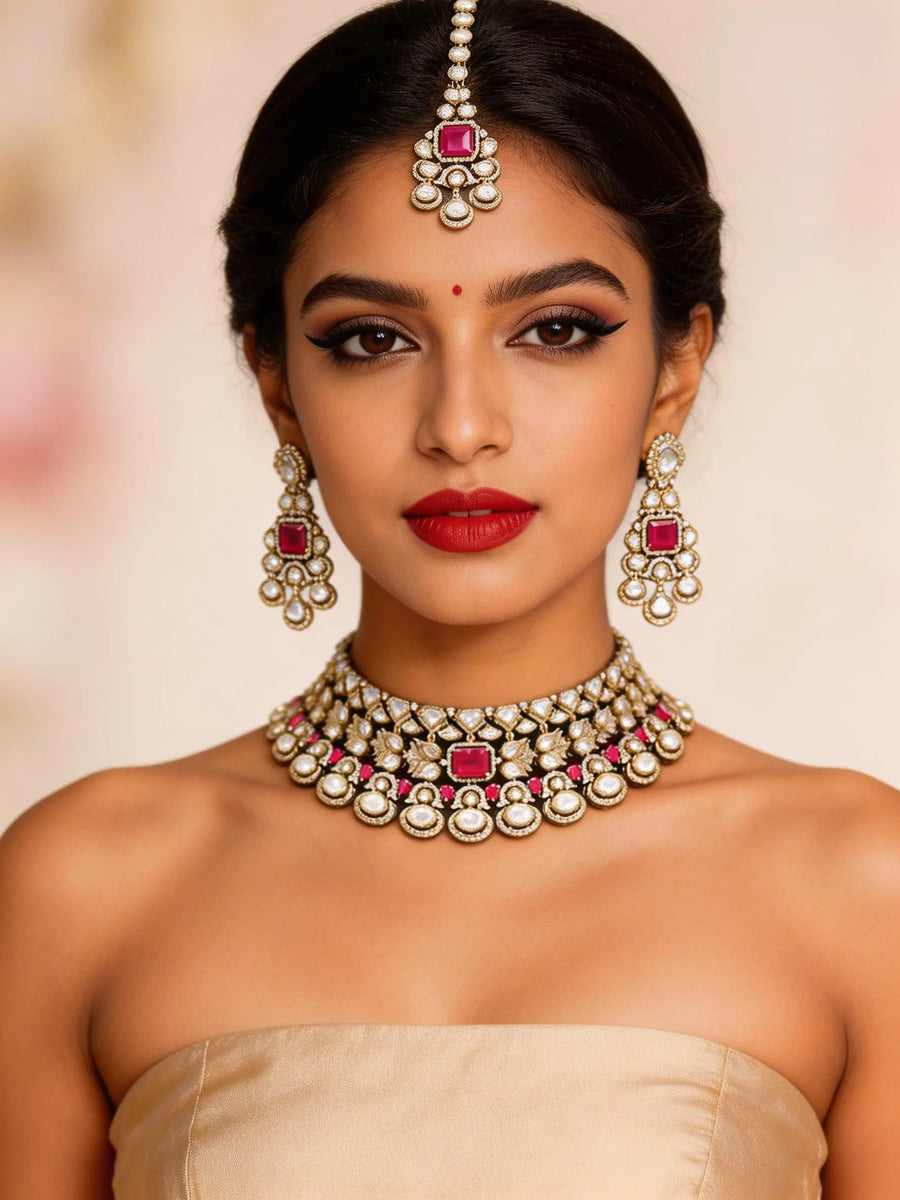Ruby and Kundan Choker Necklace Set with Maang Tikka