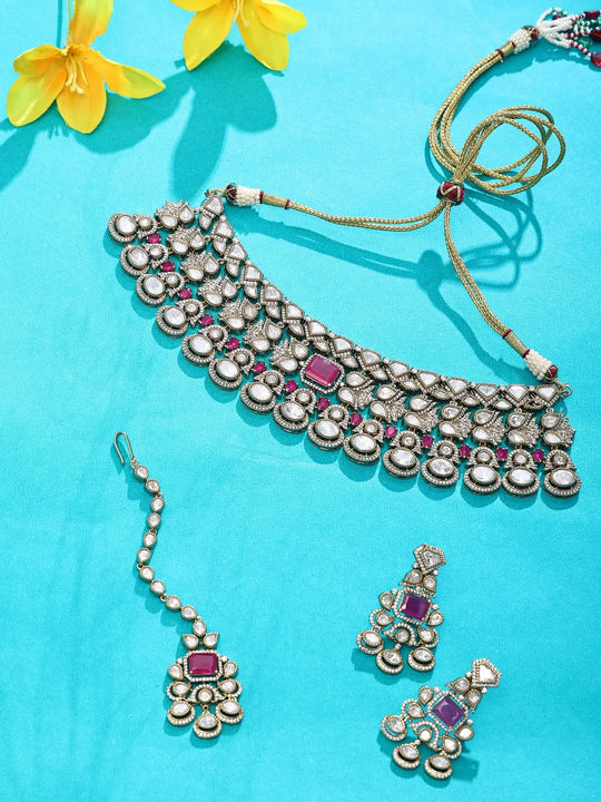Ruby and Kundan Choker Necklace Set with Maang Tikka