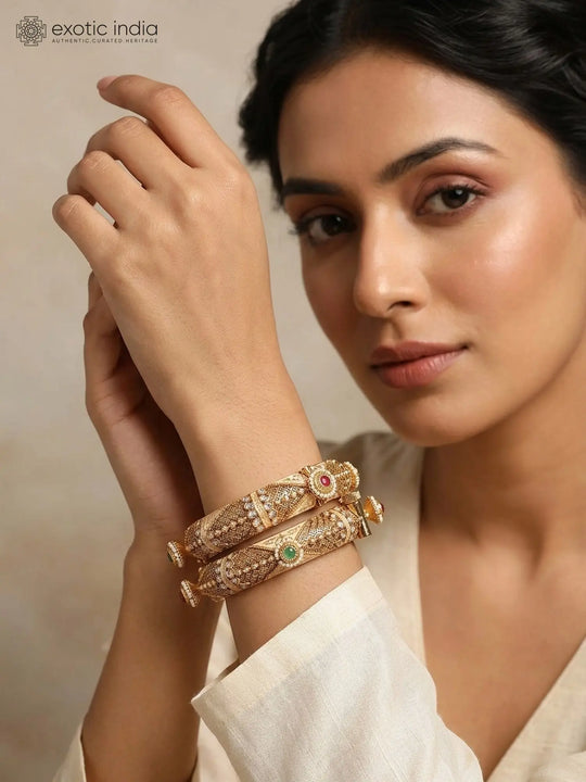 Meenakari Kundan Studded Openable Copper Bangles Pair
