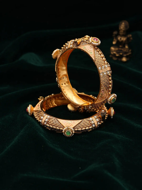 Meenakari Kundan Studded Openable Copper Bangles Pair