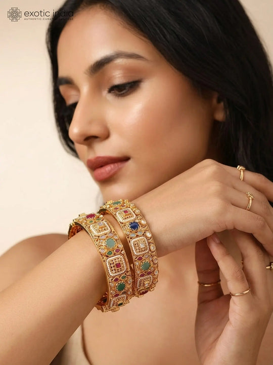 Meenakari Kundan Studded Copper Openable Bangle Set Pair