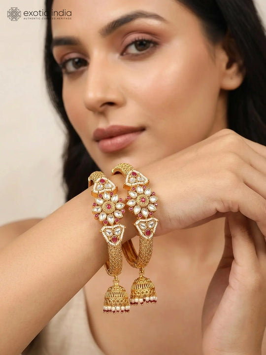 Floral Polki Copper Bangles with Jhumka Drop (Pair)