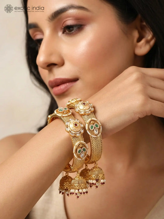 Kundan Meenakari Openable Bangles with Jhumka Drop (Pair)