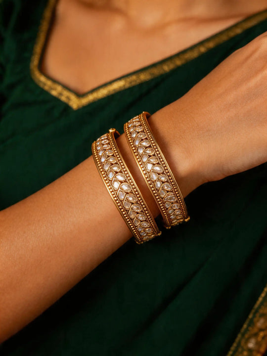 Polki Studded Teardrop Motif Copper Tone Bangles (Pair)