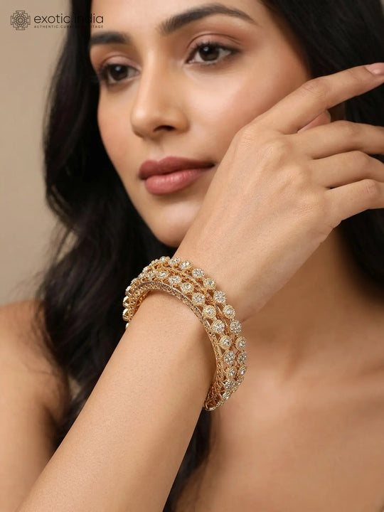 Floral Crystal Embellished Gold Tone Brass Bangles (Pair)
