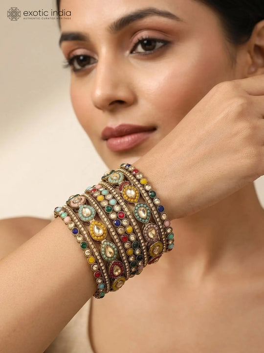 Multicolour Kundan Teardrop Brass Bangle Set
