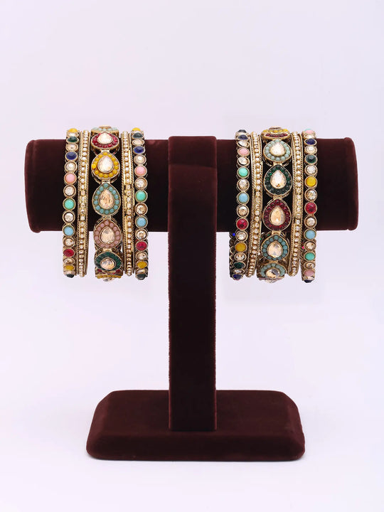 Multicolour Kundan Teardrop Brass Bangle Set