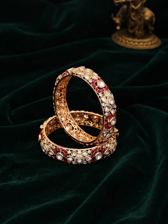 Red Meenakari Polki Studded Openable Brass Kada Bangles Pair