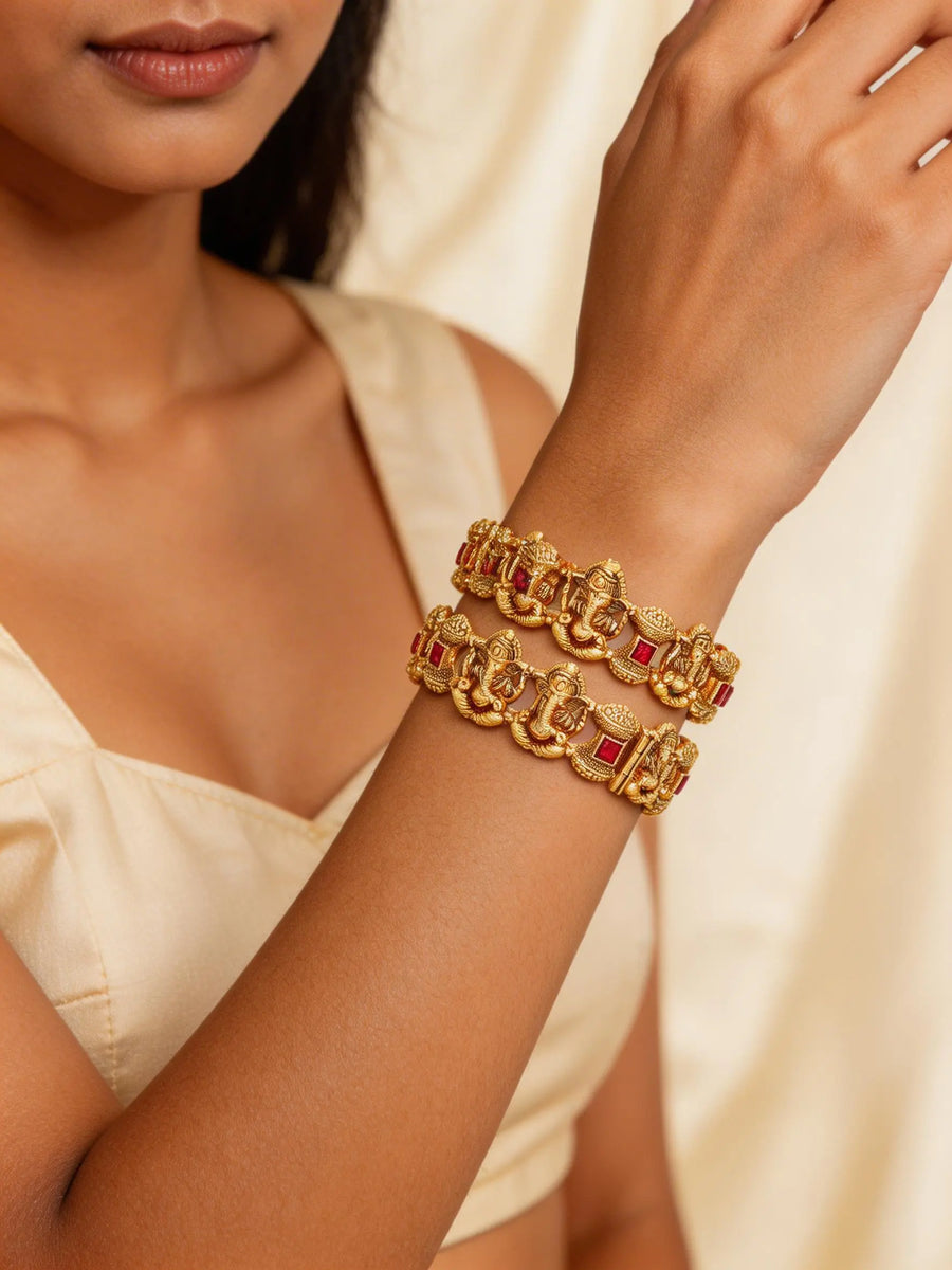 Chaturbhuj Ganesha Red Kundan Brass Bangles (Pair)