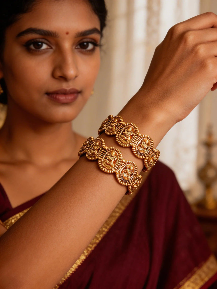Goddess Lakshmi Temple Antique Gold Openable Bangles Pair