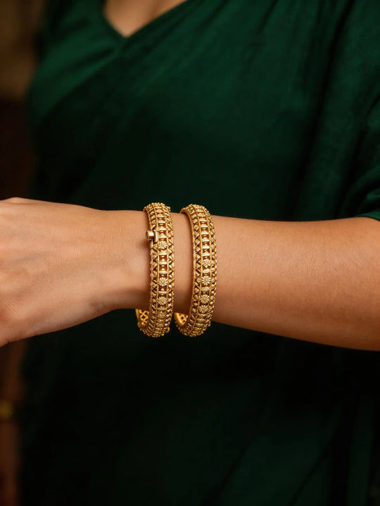 Floral Openable Brass Gold Tone Kada Bangles Pair