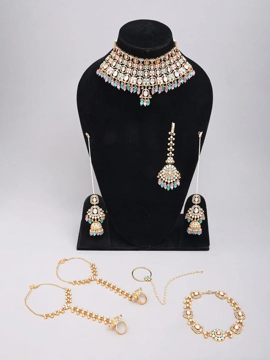 Pastel Bead and Kundan Bridal Jewellery Set in Brass