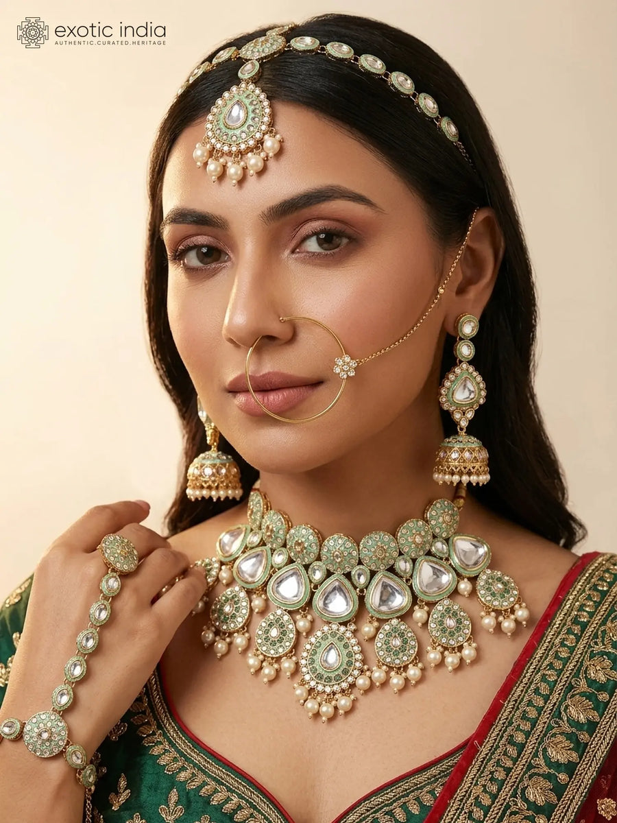 Emerald Green Kundan Bridal Jewellery Set with Pearl Drops