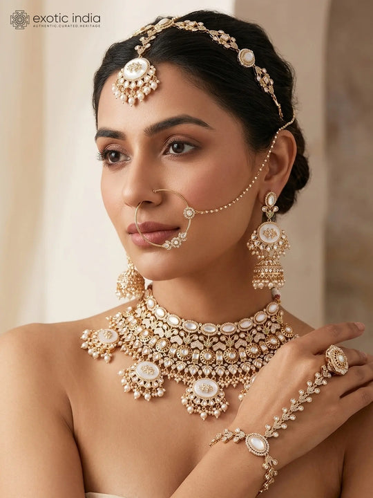 Oval Kundan Bridal Set with Nath, Maang Tikka and Hathphool