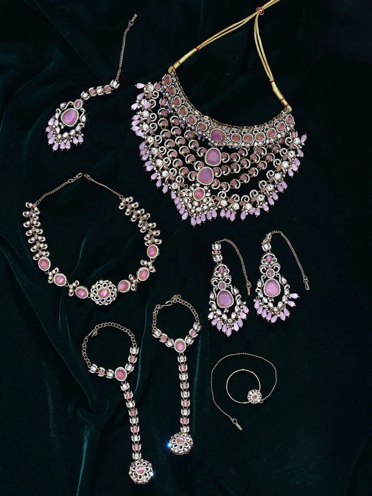 Kundan Bridal Jewellery Set with Pearl Drops in Red and Green