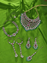 Kundan Bridal Jewellery Set with Pearl Drops in Red and Green