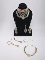 Kundan Bridal Jewellery Set with Pearl Drops in Red and Green