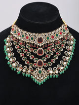 Kundan Bridal Jewellery Set with Pearl Drops in Red and Green