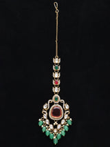 Kundan Bridal Jewellery Set with Pearl Drops in Red and Green