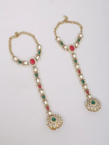 Kundan Bridal Jewellery Set with Pearl Drops in Red and Green