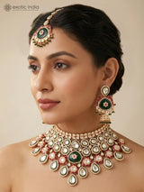 Green Kundan Teardrop Bridal Choker Set with Maang Tikka