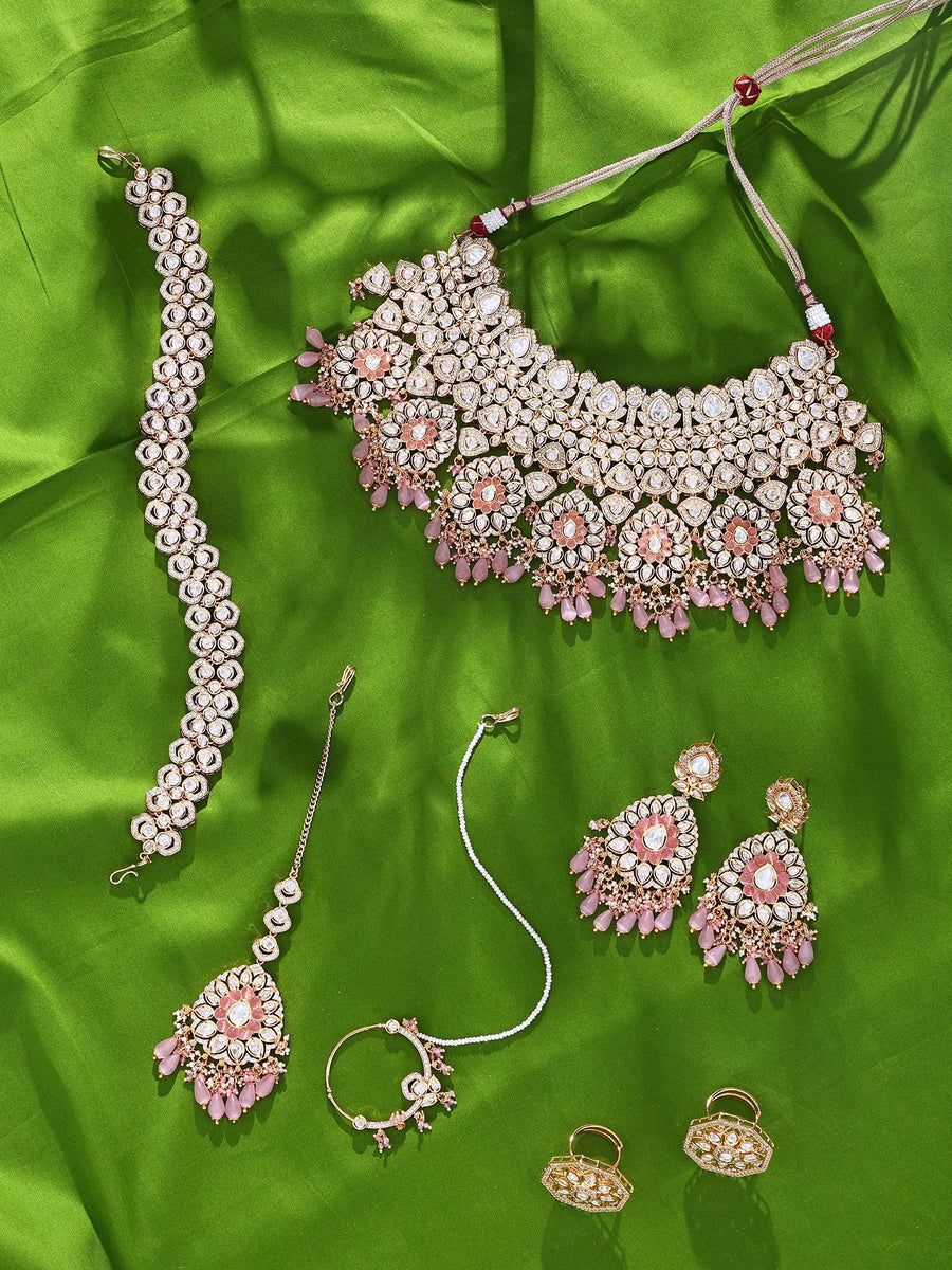 Floral Kundan Bridal Set with Pink Bead Drops