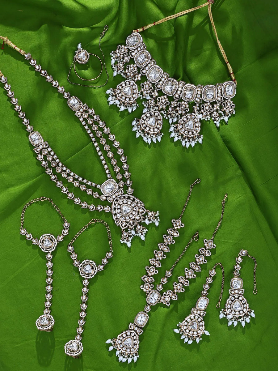 Polki and Pearl Drop Bridal Jewellery Set in Zinc Alloy