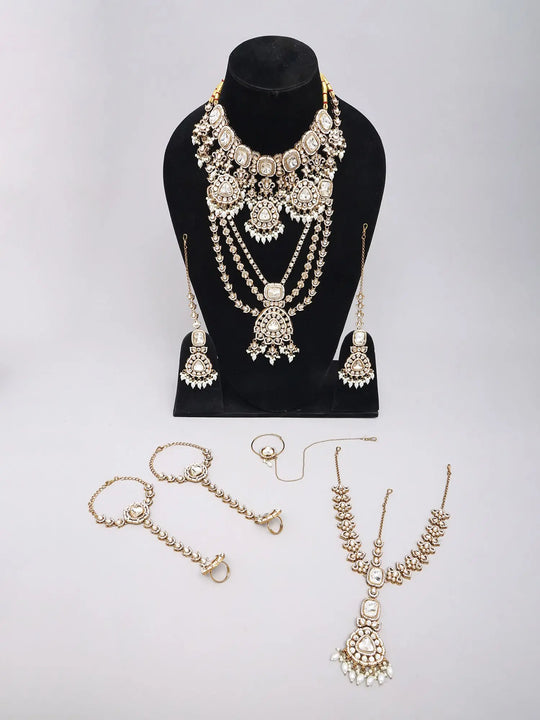 Polki and Pearl Drop Bridal Jewellery Set in Zinc Alloy