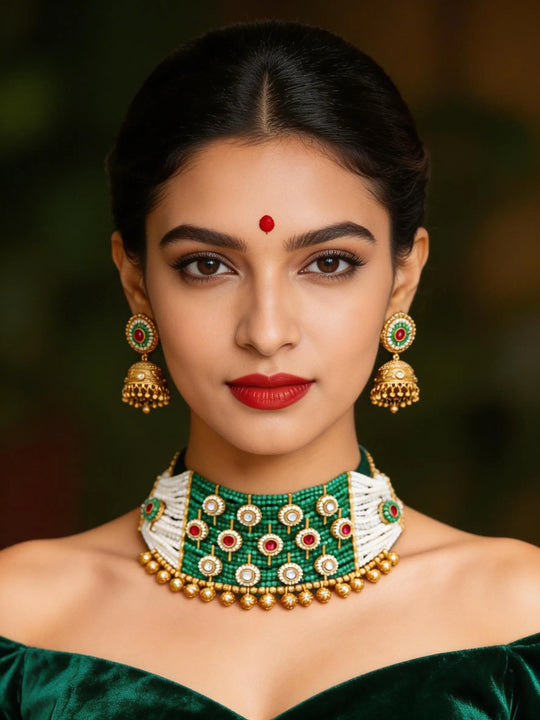 Beaded Multi-Strand Kundan Choker and Earring Set