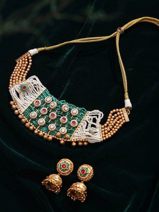 Beaded Multi-Strand Kundan Choker and Earring Set