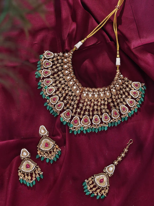 Polki Bridal Choker Set with Earrings and Maang Tikka