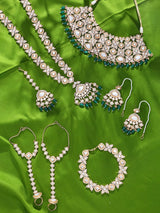 Floral Teardrop Brass Bridal Set with Green Bead Drops