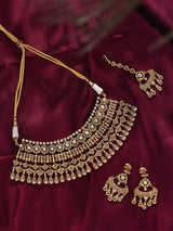 Polki Studded Brass Choker Set with Earrings and Maang Tikka