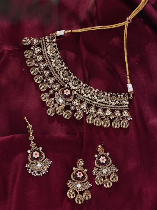 Floral Peacock Bridal Choker Set with Earrings and Maang Tikka
