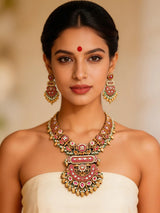 Kundan Meenakari Brass Necklace Set with Pearl Drops