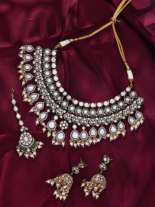 Emerald Green Polki Bridal Choker Set with Earrings and Maang Tikka
