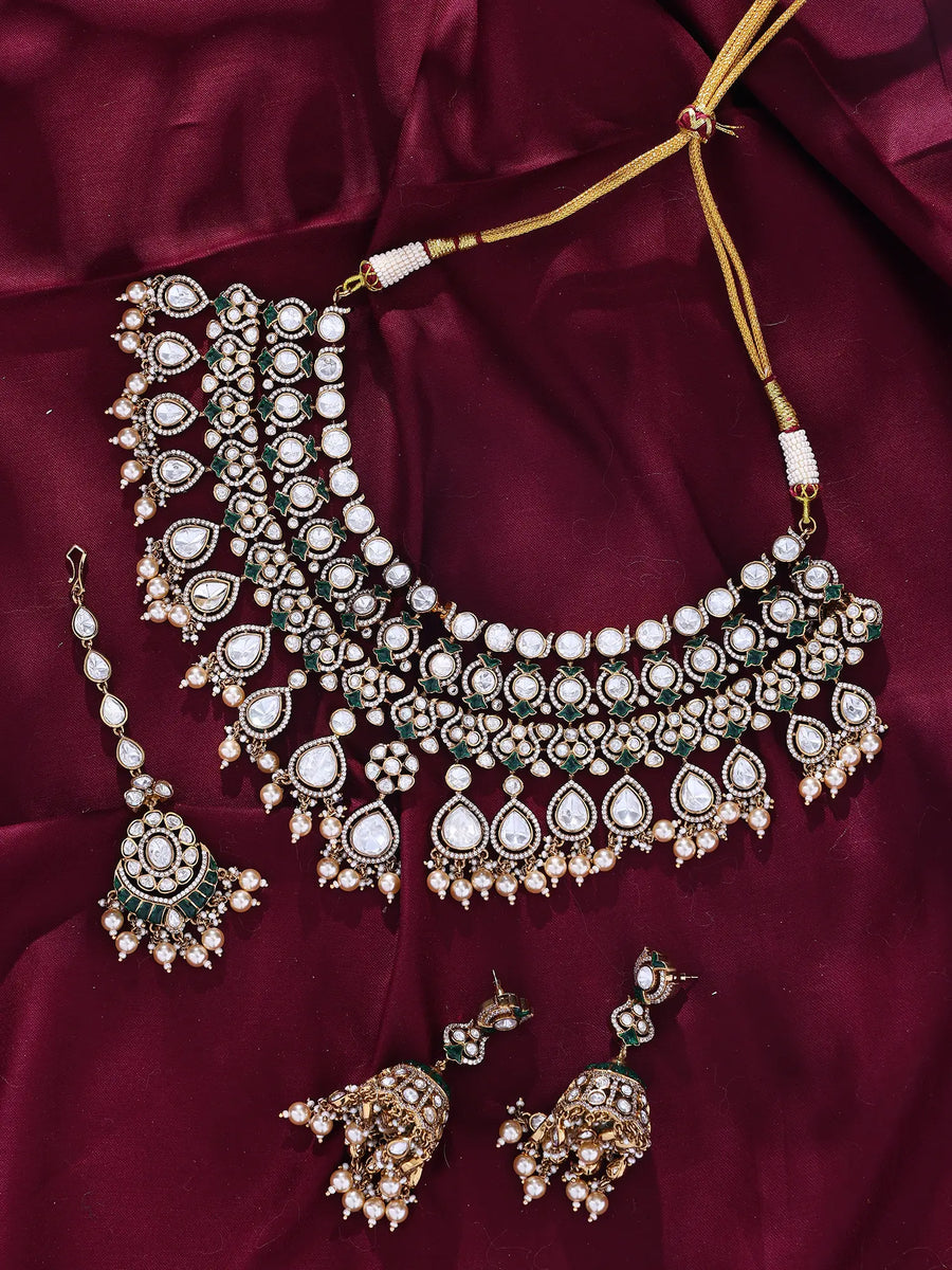 Emerald Green Polki Bridal Choker Set with Earrings and Maang Tikka