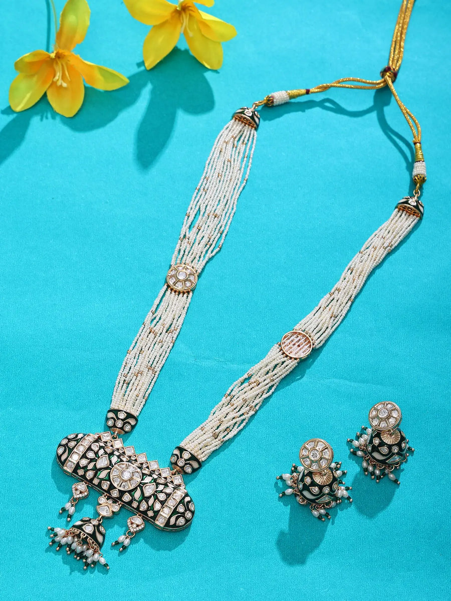 White Kundan and Meenakari Multi-Strand Beaded Necklace Set