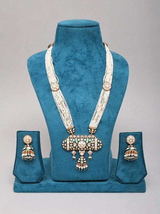 White Kundan and Meenakari Multi-Strand Beaded Necklace Set