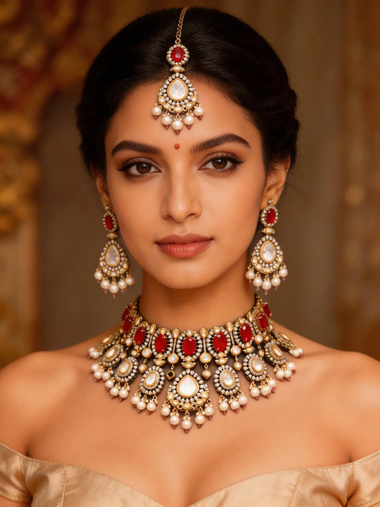 Red and White Polki Choker Necklace Set with Maang Tikka