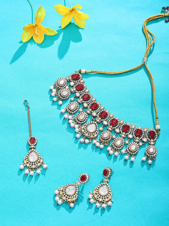 Red and White Polki Choker Necklace Set with Maang Tikka