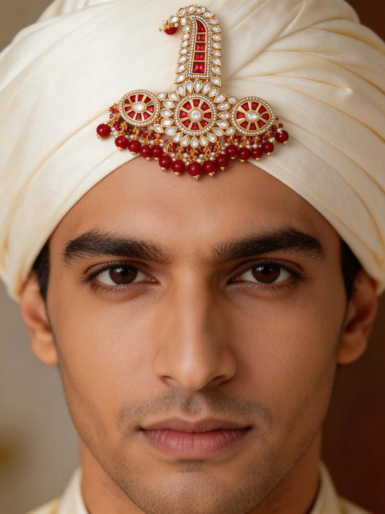 Chakra Polki Studded Red and White Brass Groom Kalgi Brooch