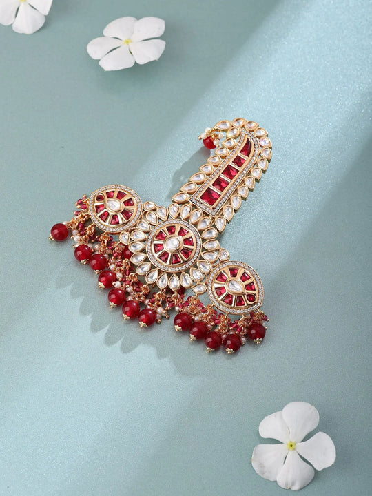 Chakra Polki Studded Red and White Brass Groom Kalgi Brooch